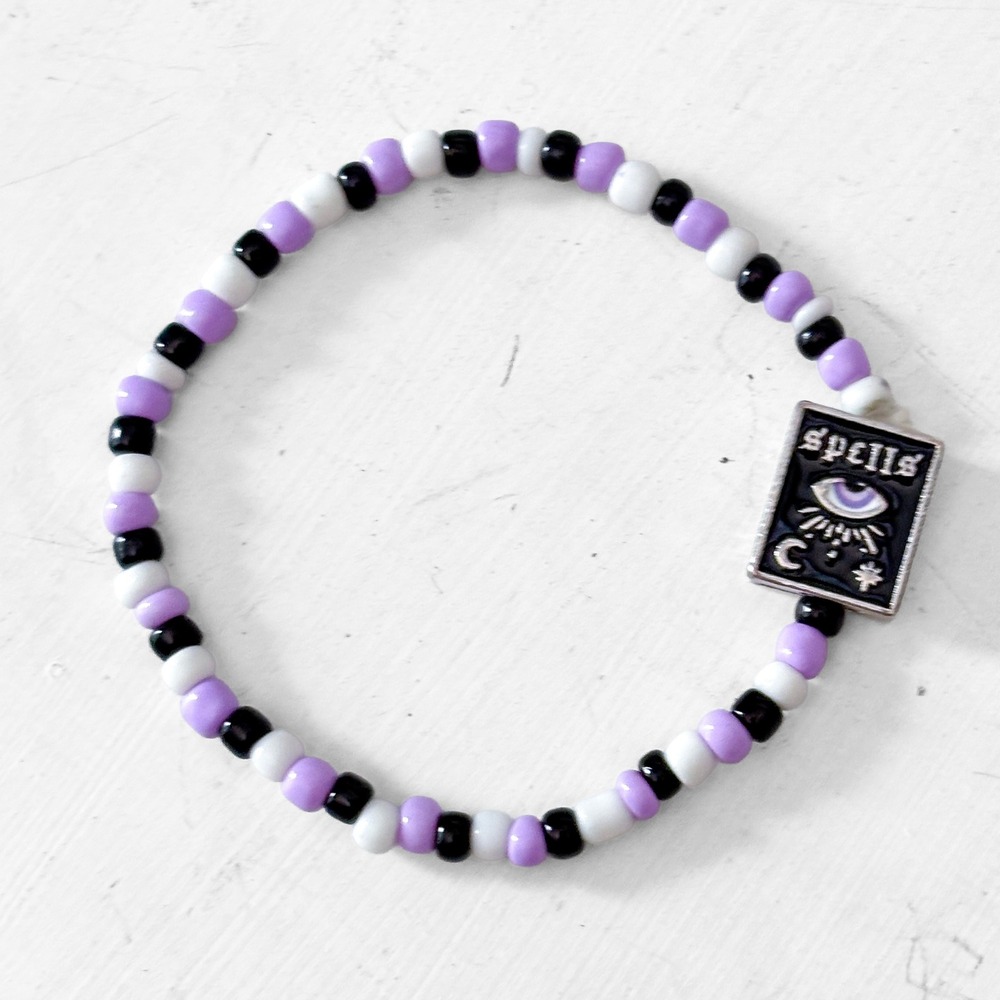 Spells Book Charm Beaded Stretch Bracelet Purple Black White Witchy Gothic